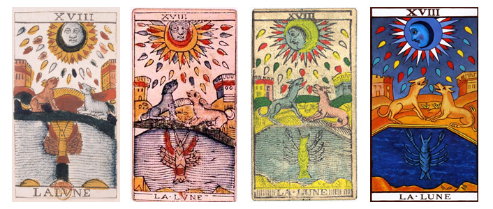 Four versions of the Moon trump of the Tarot de Marseille